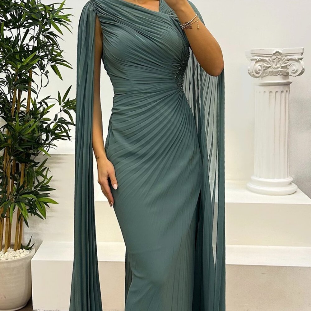 Turquoise Green Waist Embroidered Pleated Evening Dress